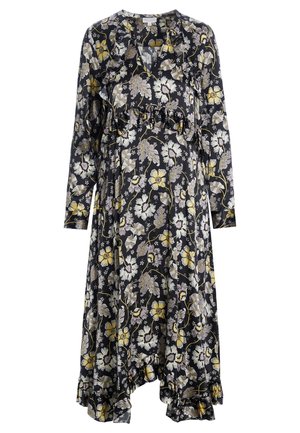 Długa czarna sukienka w kwiaty z żółtymi i białymi wzorami, z dekoltem w kształcie litery V, długimi rękawami i falbaniastym dołem. Wykonana z lekkiego materiału.