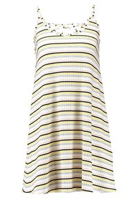 Vestido sin mangas con tirantes delgados que presenta rayas horizontales en blanco, amarillo, negro y rosa suave sobre una textura de tela acanalada.