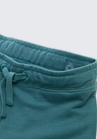 Ceinture de pantalon de survêtement bleu sarcelle avec détail de cordon de serrage, dotée d'une fermeture par bouton et d'un tissu doux et texturé. Les coutures des bords sont visibles.