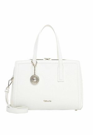 White leather tote handbag with double handles, detachable shoulder strap, zipper closure, and a round silver charm hanging on the front.