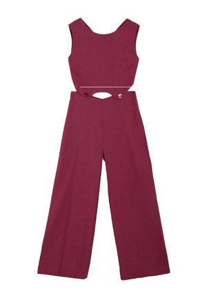 Mono sin mangas color ciruela con piernas anchas, con un recorte en la cintura asegurado por dos botones en el frontal.