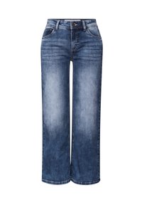 Brede blauwe denim jeans met een licht naar donker wasverloop, vijf-pocket ontwerp en metalen knoopsluiting in de taille.