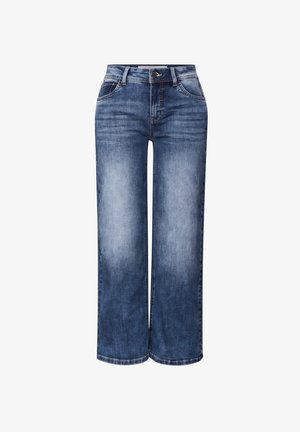 Brede blauwe denim jeans met een licht naar donker wasverloop, vijf-pocket ontwerp en metalen knoopsluiting in de taille.