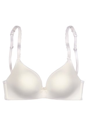 Reggiseno bianco imbottito con spalline regolabili, texture liscia e un piccolo fiocco al centro. Il design con ferretto offre supporto.