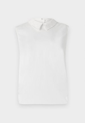 White sleeveless blouse with a classic collar, smooth texture, and a simple design. Fabric appears lightweight and slightly sheer.