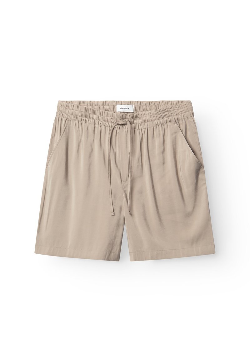 Vaaleanbeiget shortsit, jotka on valmistettu sileästä kankaasta. Niissä on joustava vyötärönauha kiristysnyörillä ja kaksi sivutaskua. Yksinkertainen malli.