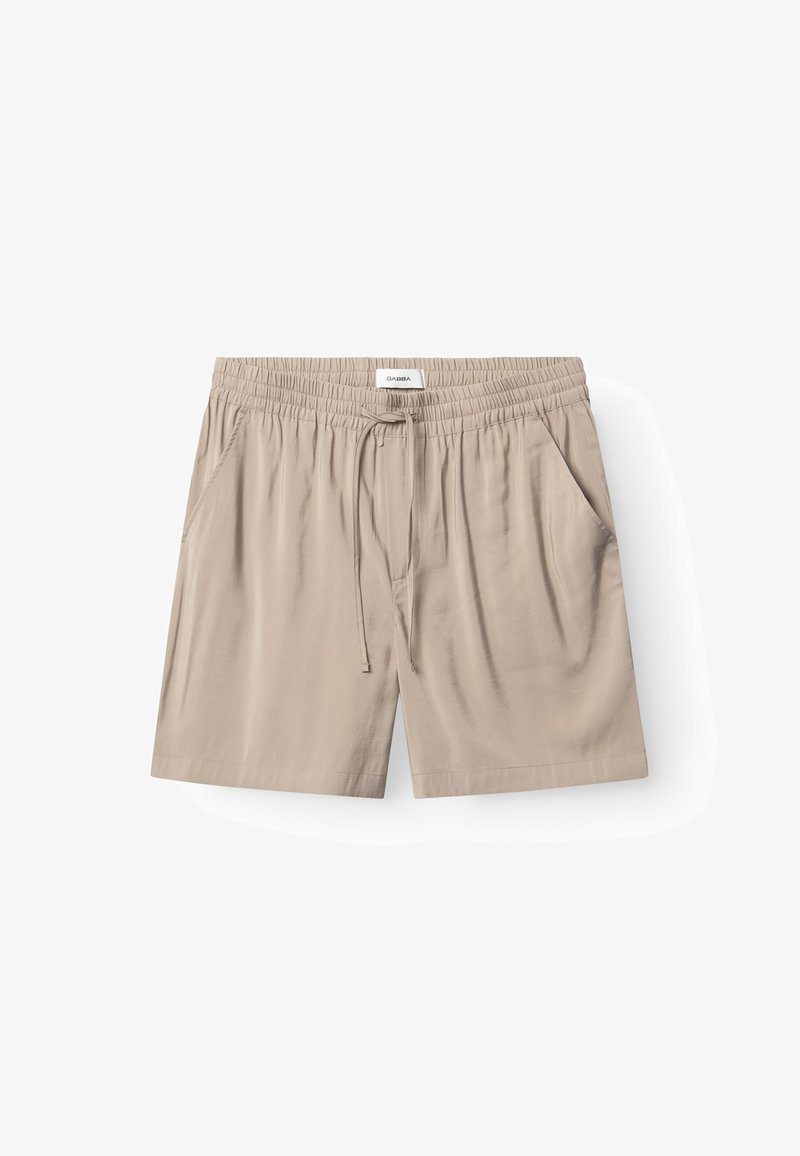 Vaaleanbeiget shortsit, jotka on valmistettu sileästä kankaasta. Niissä on joustava vyötärönauha kiristysnyörillä ja kaksi sivutaskua. Yksinkertainen malli.