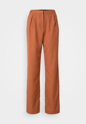 Rust-colored trousers made of textured fabric, featuring a high waist, pleats, and wide-leg design. Flat front and straight cut.
