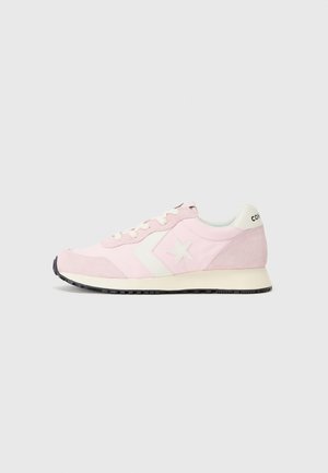 Pink suede sneaker with white accents, featuring a star design, round laces, and a black rubber sole. Classic running shoe profile.