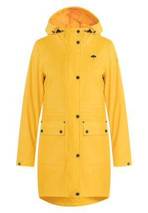 Giacca impermeabile gialla con cappuccio, dotata di bottoni a pressione, due tasche frontali e un piccolo logo di ombrello nero sul petto.