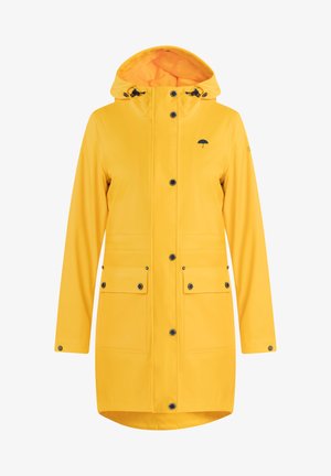Giacca impermeabile gialla con cappuccio, dotata di bottoni a pressione, due tasche frontali e un piccolo logo di ombrello nero sul petto.