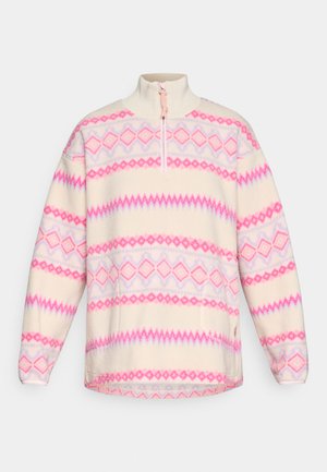 Fleece pulóver v krémovej farbe s ružovými a fialovými zúbkami a diamantovými vzormi, s polovičným zipsom a dlhými rukávmi.