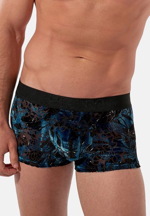 Leren boxershorts in zwart met blauwe bloemmotieven, voorzien van een zachte elastische tailleband en een aansluitend ontwerp voor comfort en ondersteuning.
