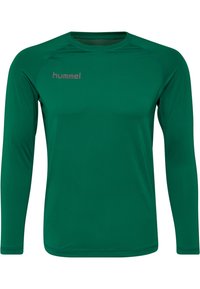 Groen sportshirt met lange mouwen, een ronde halslijn en raglanmouwen. Bevat een subtiele logo in een lichtere tint op de voorkant.