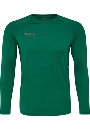 Groen sportshirt met lange mouwen, een ronde halslijn en raglanmouwen. Bevat een subtiele logo in een lichtere tint op de voorkant.