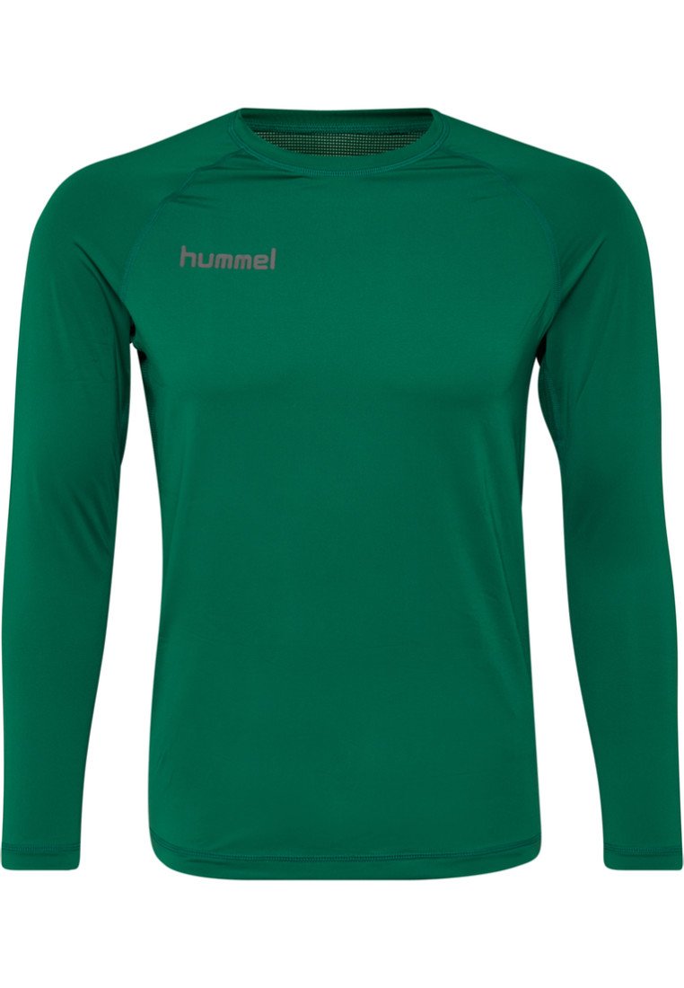 Groen sportshirt met lange mouwen, een ronde halslijn en raglanmouwen. Bevat een subtiele logo in een lichtere tint op de voorkant.