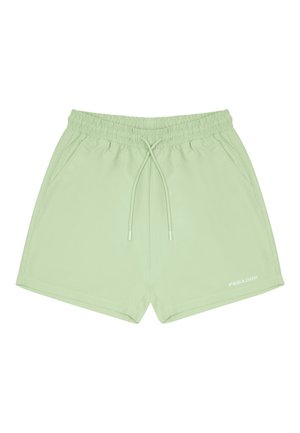 Lysgrønne badebukser med elastisk talje, justerbar snor, sidelommer og logo-detalje ved kanten. Glat stoftekstur.