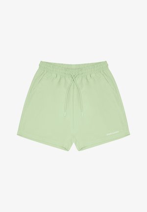 Jasnozielone kąpielówki z elastycznym paskiem w talii, regulowanym sznurkiem, bocznymi kieszeniami i detalem logo na końcu. Gładka tekstura materiału.