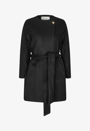 Black belted coat with a round neckline, long sleeves, front wrap design, and a gold-tone accent pin on the left shoulder. Soft texture.