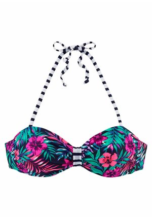 Florales Bikini-Oberteil mit pinken und violetten Blumen, grünen Blättern und schwarz-weiß gestreiftem Neckholder und Mittelband.