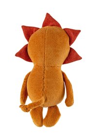 Soft plush lion toy with an orange body, textured fur, and red patterned mane. Features small limbs and a tail. Stitched detailing on the back.