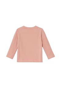 T-shirt a maniche lunghe in cotone rosa pallido, con scollatura rotonda e taglio dritto. Nessuna stampa o motivo visibile. Cuciture sui bordi.