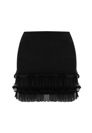 Black skirt featuring a tailored upper section, layered ruffles at the hem, and a soft, slightly sheer texture. No additional embellishments.