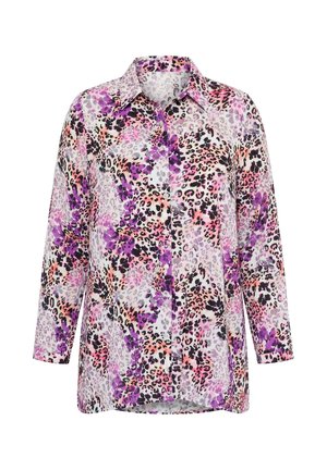 Pitkähihainen nappikauluspaita, jossa violetti ja pinkki kukka- sekä leopardikuvio vaalealla taustalla.