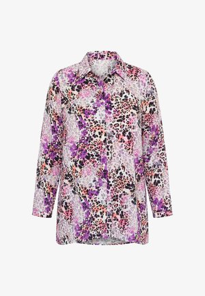 Košile s dlouhým rukávem na knoflíky s fialovým a růžovým květinovým a leopardím potiskem na světlém pozadí.