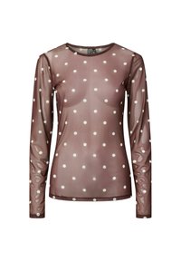 Top lungo a maniche con trasparenza di colore marrone con pois bianchi e scollatura rotonda, tessuto leggermente trasparente vista frontale su sfondo bianco.