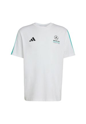 Wit katoenen T-shirt met zwart Adidas-logo en Mercedes AMG Petronas branding. Voorzien van teal accenten op de korte mouwen en een ronde hals.