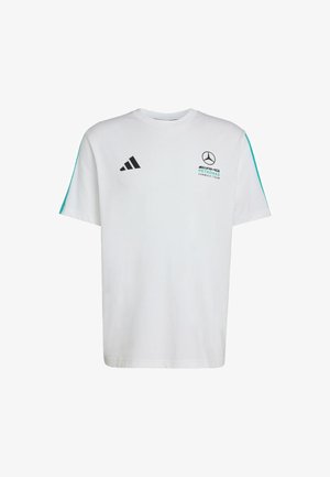 Wit katoenen T-shirt met zwart Adidas-logo en Mercedes AMG Petronas branding. Voorzien van teal accenten op de korte mouwen en een ronde hals.