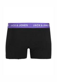 Schwarze Boxershorts aus weichem Stoff, mit einem lila elastischen Bund, auf dem "JACK & JONES" in Weiß gedruckt ist. Klassisches, eng anliegendes Design.
