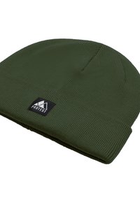 Berretto a costine di un verde scuro con bordo piegato e toppa rettangolare nera con logo di montagna bianco e testo "PROTEST".