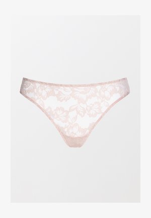 Blonde g-streng med blomster mønster i lyserød. Har en gennemsigtig mesh stof med blød elastisk talje og delikat blondekant.