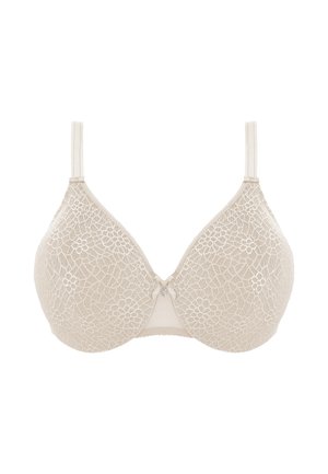 Beige kanten bh met voorgevormde cups, verstelbare banden en een centrale decoratieve accent. Bloemenpatroon bedekt de cups en vleugels.