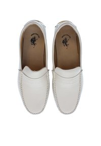 White leather loafers with rounded toe, stitched accents, and a smooth texture. Interior features a printed logo. Classic slip-on design.