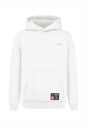 Weißer Baumwoll-Hoodie mit Kängurutasche, gerippten Bündchen und Saum. Verfügt über ein goldenes Logo, das auf der Brust gestickt ist, sowie ein Markenpatch in der Nähe der Tasche.