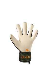 Doelmanhandschoen met een lichtbeige latex palm, zwarte vingerranden en een groene polsband. Heeft oranje merknaam en een gestructureerde grip.
