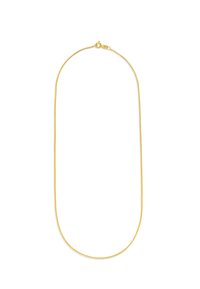 Goldverzierte, dünne Metallkette mit einer glatten, glänzenden Oberfläche; verfügt über einen kreisförmigen Karabinerverschluss für einen sicheren Halt.