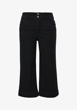 Pantalon large en denim noir avec taille haute, deux poches avant et un ourlet brut. Deux boutons argentés à la taille ajoutent un contraste au tissu.