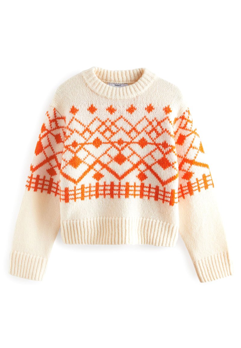 Cremfarbener gestrickter Pullover mit orangefarbenen Mustern. Mit Rundhalsausschnitt, gerippten Bündchen und Saum. Kurz und lässig geschnitten.