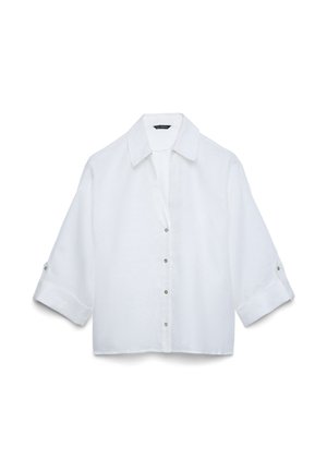 White long-sleeve button-up shirt with a wide collar and sleeves rolled to three-quarter length, displayed flat on a white background.
