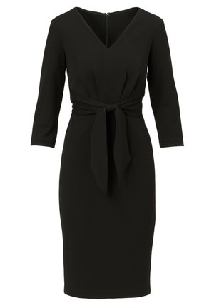 Černé šaty s třičtvrtečními rukávy, výstřihem do V a vázáním v pase. Hladká tkanina s přiléhavým střihem a délka po kolena.