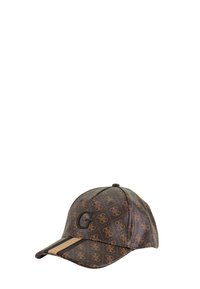 Cappellino marrone con motivo a logo, con visiera curva, una striscia d'accento scura e un logo "G" prominente sulla parte anteriore.