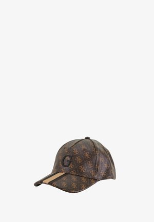 Cappellino marrone con motivo a logo, con visiera curva, una striscia d'accento scura e un logo "G" prominente sulla parte anteriore.
