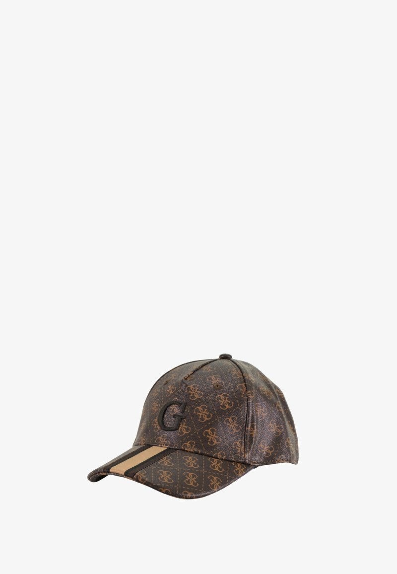 Cappellino marrone con motivo a logo, con visiera curva, una striscia d'accento scura e un logo "G" prominente sulla parte anteriore.