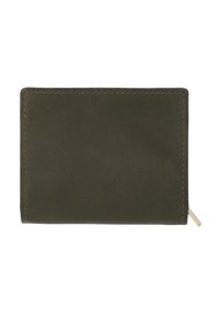 Olive green leather wallet with a smooth texture, simple design, and a gold-tone zipper detail on one side. Edges are neatly stitched.