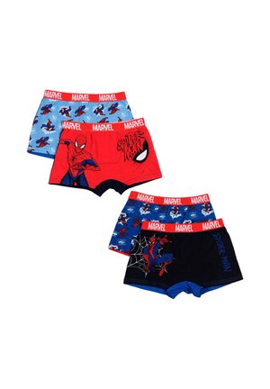 Vier Paar Kinder-Spider-Man-Boxershorts mit roten Marvel-Bund, versehen mit verschiedenen Spider-Man-Posen und Netz-Designs in Rot, Blau und Schwarz.