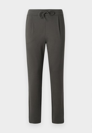 Pantaloni grigi scuri realizzati in tessuto morbido. Presentano una vita elastica con cordino, tasche laterali e un design a taglio dritto.